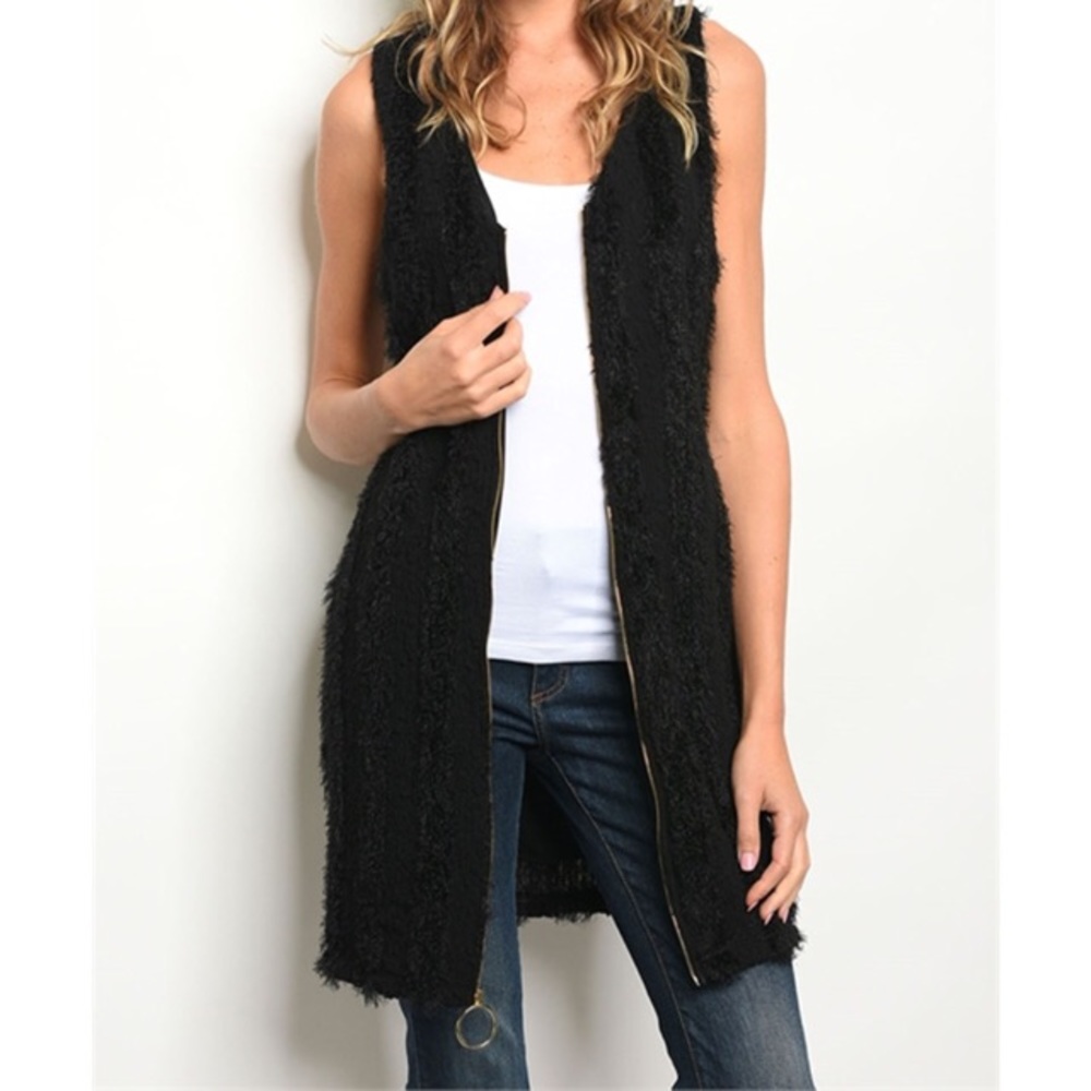 Sleeveless Fuzzy Long Line Black Vest